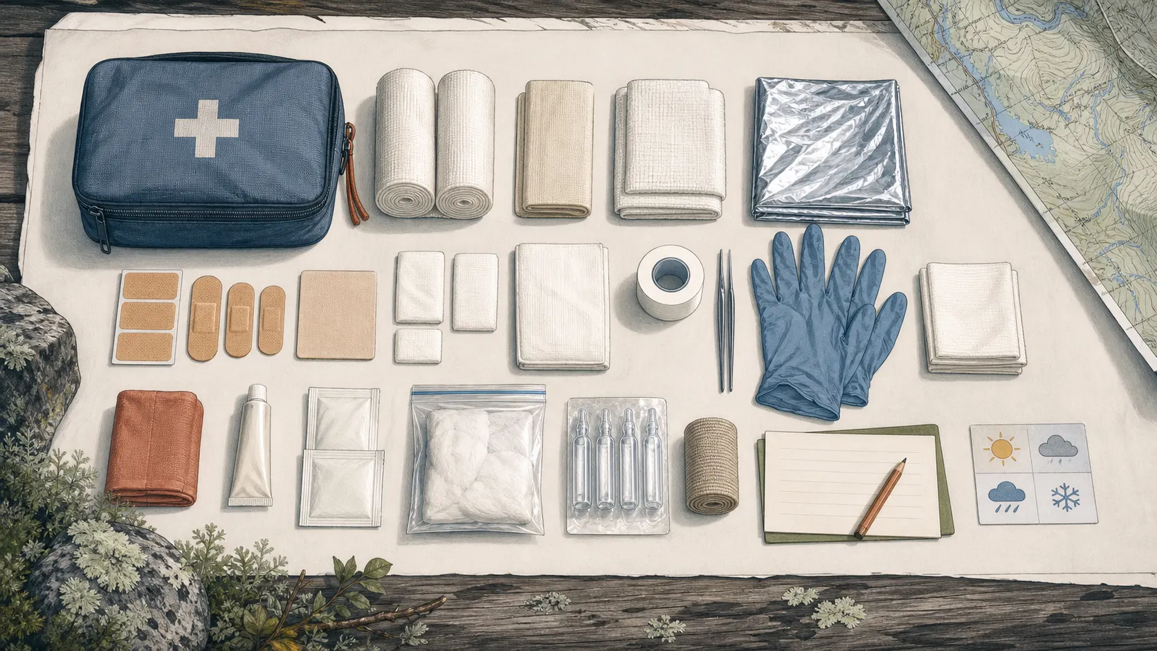 Illustrerat första hjälpen-kit för fjällmiljö med förband, värme, handskar, anteckningskort och karta.