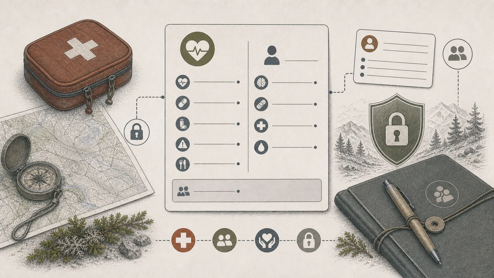 Diskret hälsokort i turplan med första hjälpen-kit och kontaktuppgifter.