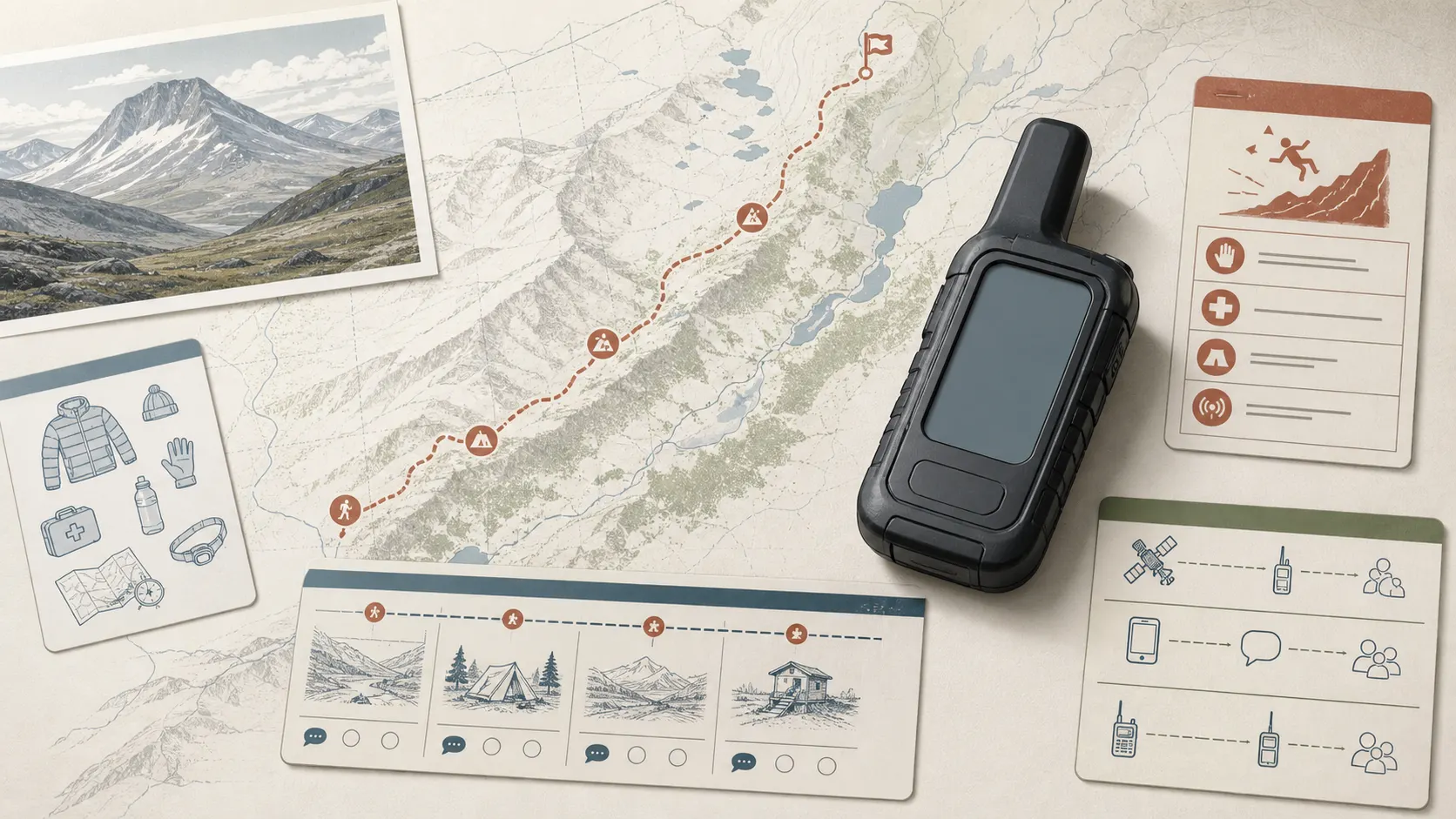 Illustrerad satellitkommunikatör bredvid fjällkarta, check-in-tider, larmkort och reservplan.