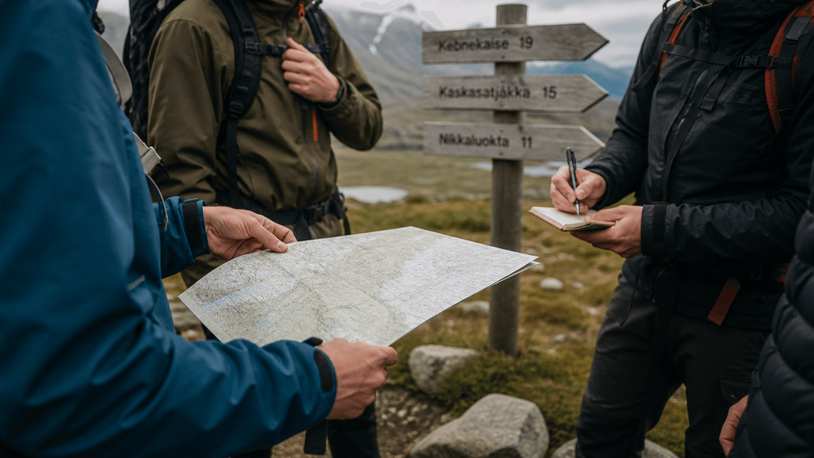 Grupp samlas vid stigfäste innan turstart