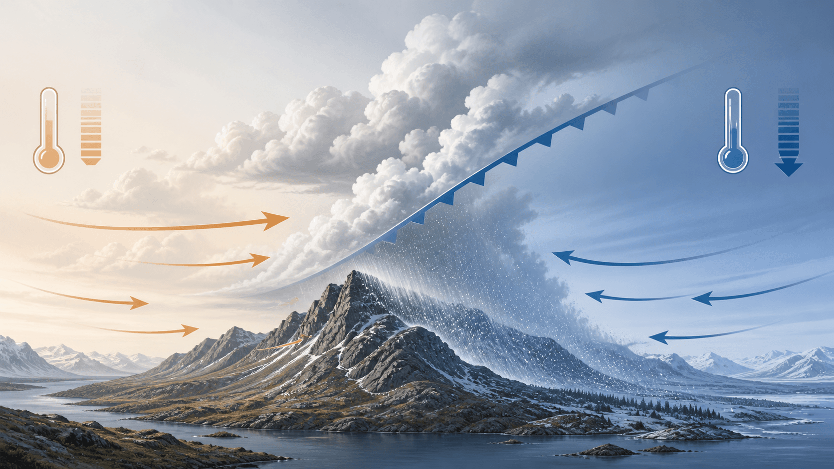 Schematisk frontpassage med temperaturkurva och vindvridning