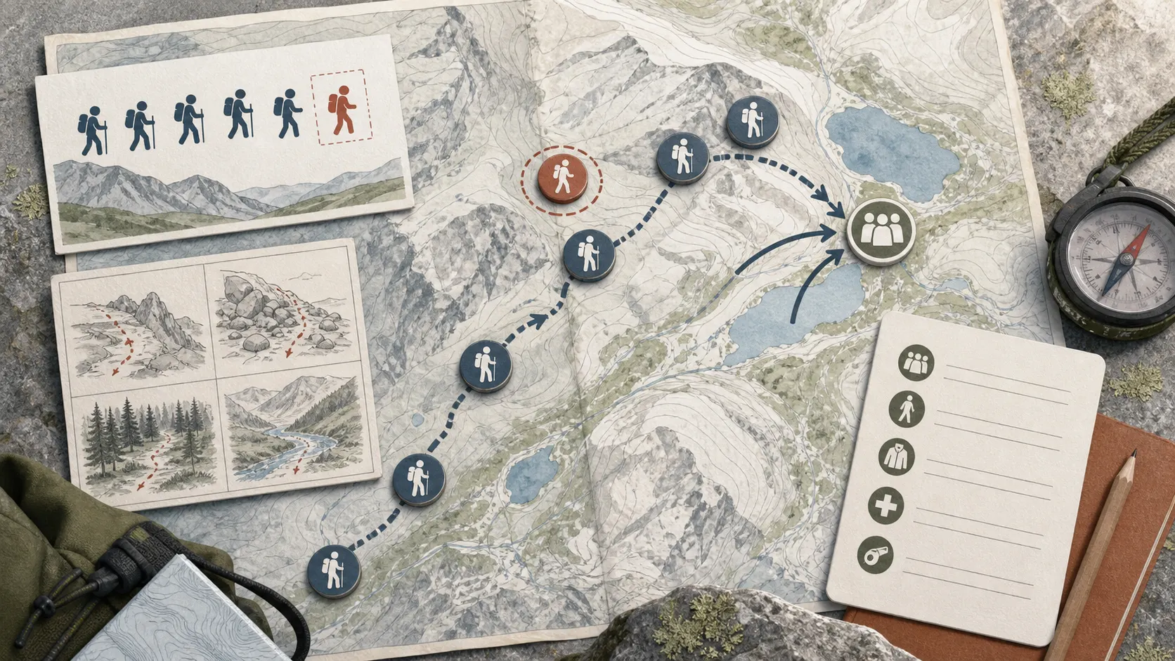 Illustrerad fjällkarta med gruppsymboler, samlingspunkt, stigriktning, kontaktkort och saknad deltagare-rutin.