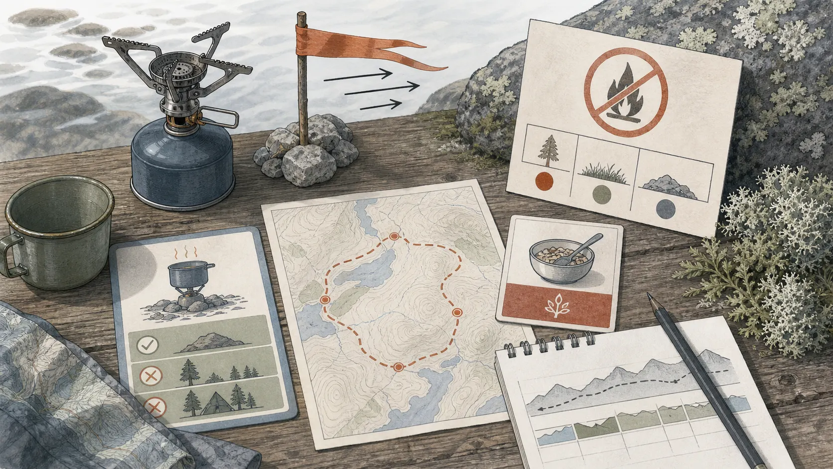 Illustrerat stormkök, brandriskkort, lokalt förbudskort och reservmåltid bredvid en turplan.