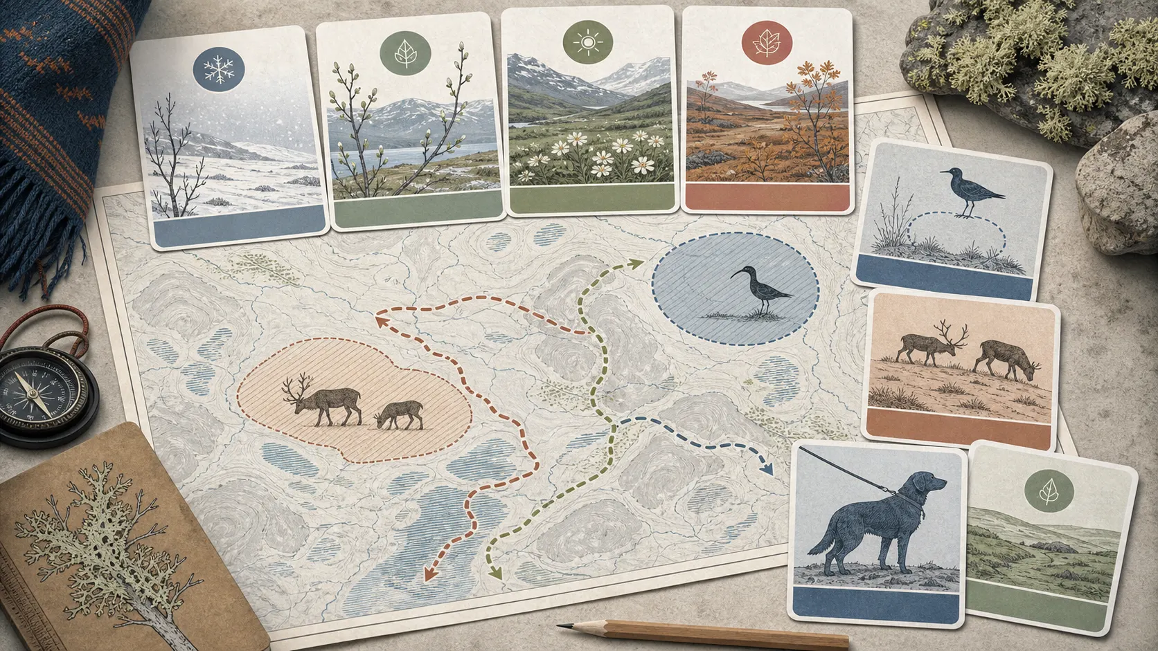 Illustrerade säsongskort med ledval, fågelskydd, renbetesland och alternativ turperiod.