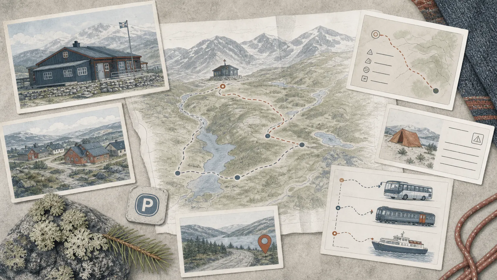 Illustrerad fjällstation, ledkort, bokningskort, lokal karta och transportplan.