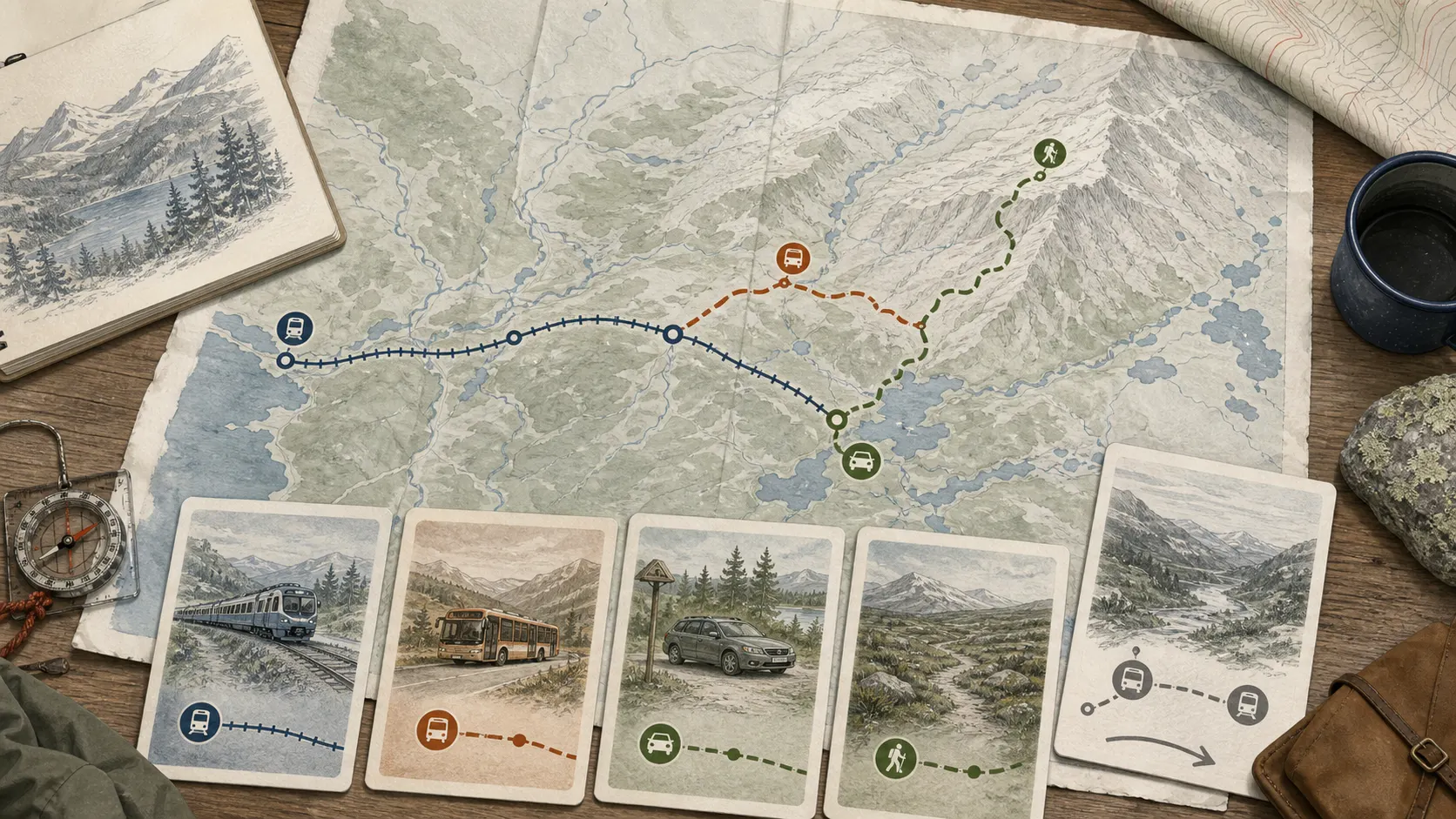 Illustrerad karta med tåg, buss, samåkningspunkt, startpunkt och reservhemfärd.